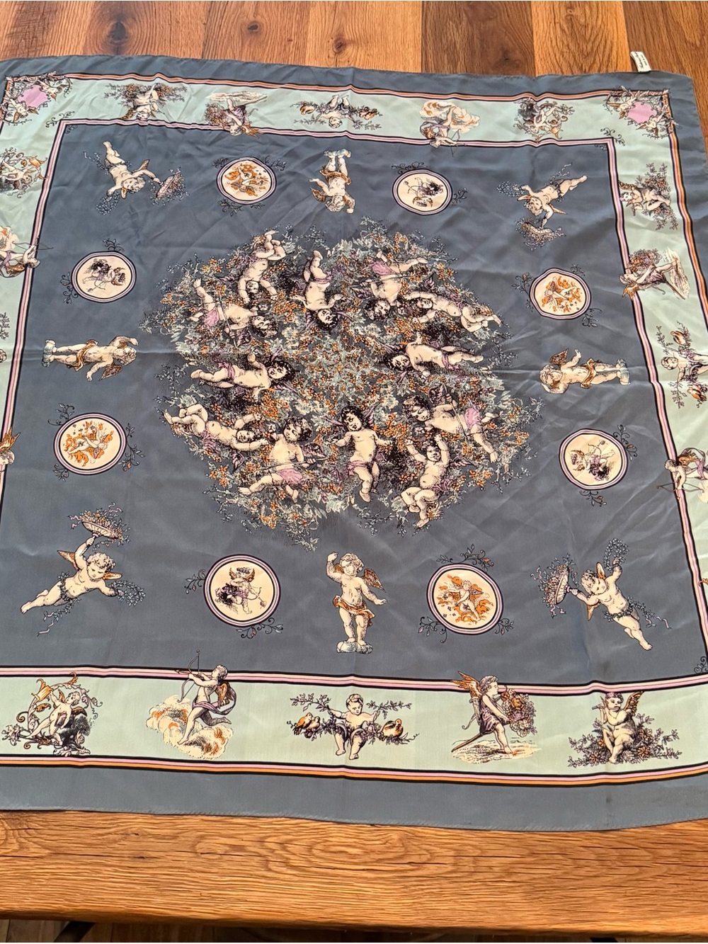 Cherub Print Silk Scarf in Slate Blue and Mint - Federico Porta -Italy